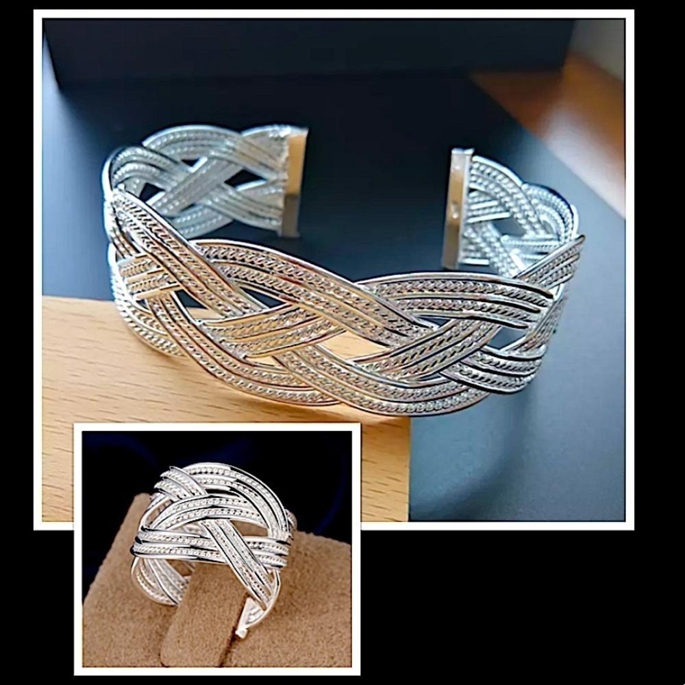 Sterling Silver Braided Cuff Bangle Matching Ring Set